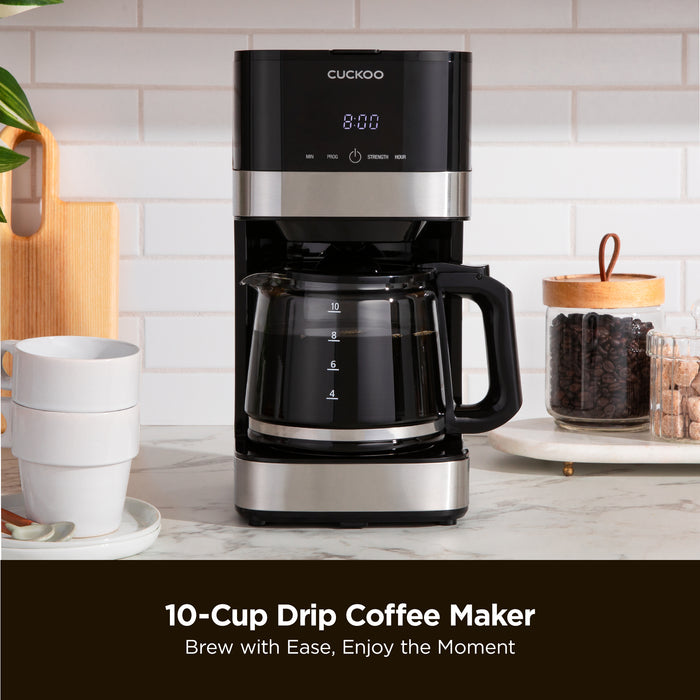 Cuckoo 10-Cup Drip Coffee Maker with the text: 10-Cup Drip Coffee Maker, Brew with Ease, Enjoy the Moment. (CCM-BD011B)