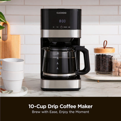Cuckoo 10-Cup Drip Coffee Maker with the text: 10-Cup Drip Coffee Maker, Brew with Ease, Enjoy the Moment. (CCM-BD011B)