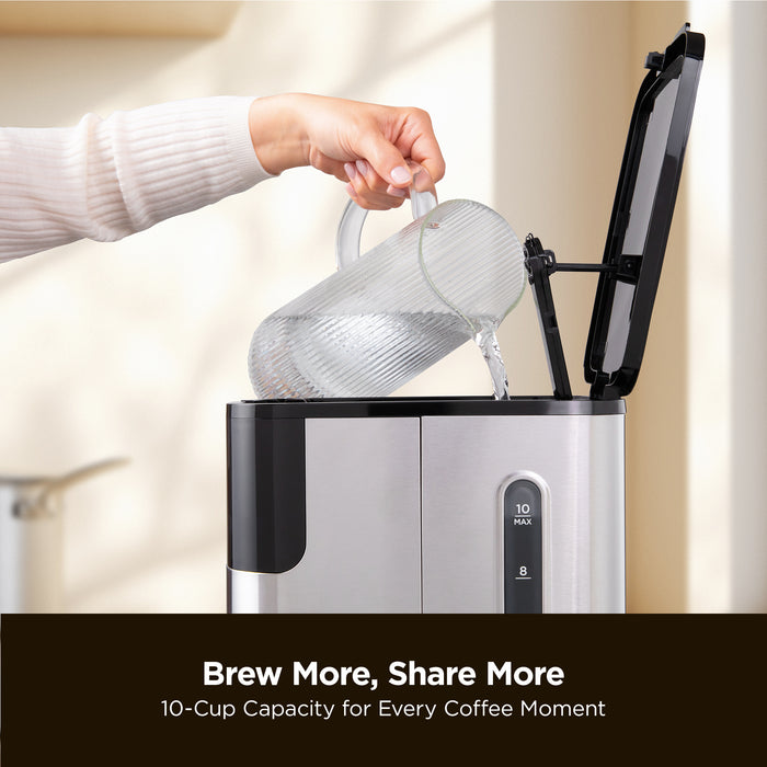 A hand pours water into a Cuckoo coffee maker, with the text: Brew More, Share More, 10-Cup Capacity for Every Coffee Moment. (CCM-BD011B)