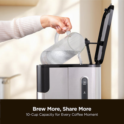 A hand pours water into a Cuckoo coffee maker, with the text: Brew More, Share More, 10-Cup Capacity for Every Coffee Moment. (CCM-BD011B)