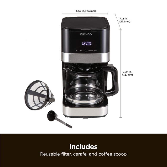 Includes: Reusable filter, carafe, and coffee scoop. Cuckoo Classic Drip Coffee Maker with dimensions 6.65 by 13.27 inches. (CCM-BD011B)