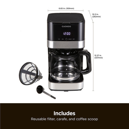 Includes: Reusable filter, carafe, and coffee scoop. Cuckoo Classic Drip Coffee Maker with dimensions 6.65 by 13.27 inches. (CCM-BD011B)