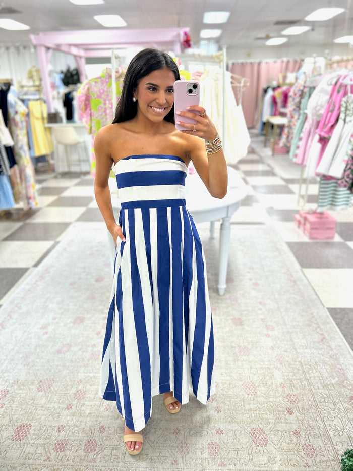 Coastal Breeze Strapless Midi Dress (Royal/White Stripes)