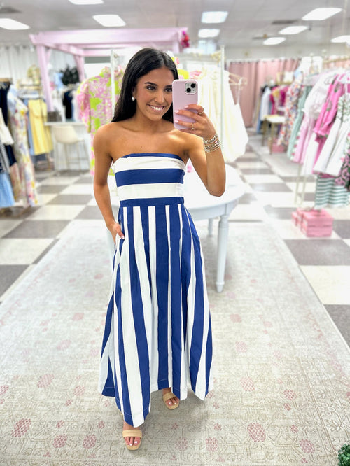 Coastal Breeze Strapless Midi Dress (Royal/White Stripes)