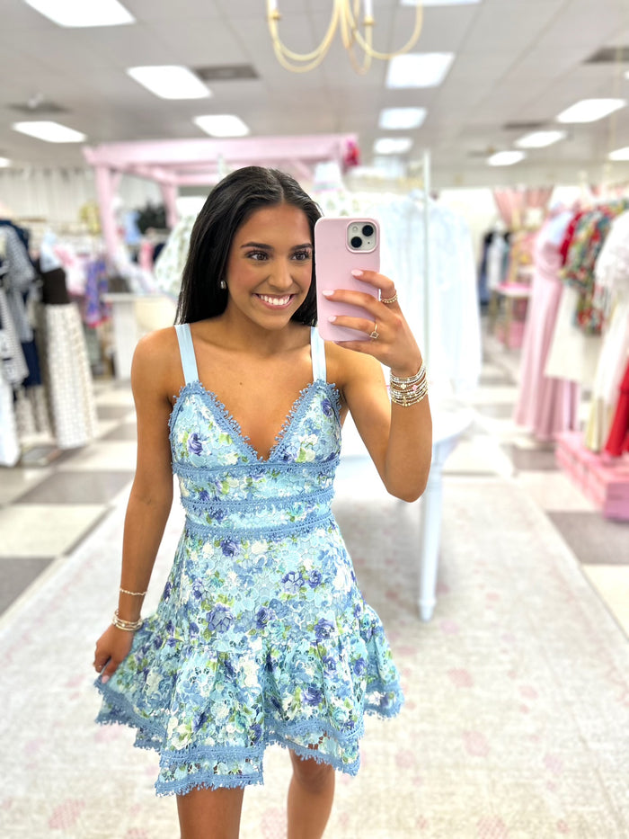 Cocktails in Charleston Mini Dress (Blue Floral)