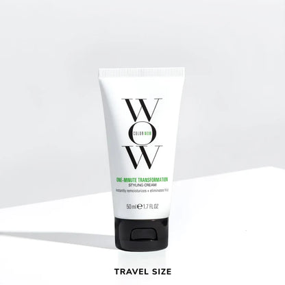 Color Wow One-Minute Transformation Styling Cream Travel Size 50ml tube on a white background, lightweight styling cream that instantly rehydrates dry hair, smooths frizz and flyaways, and refreshes second-day styles for a polished finish.