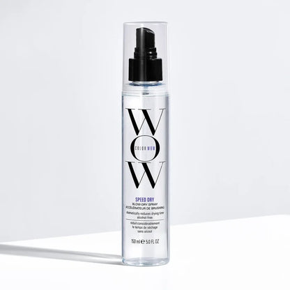 A bottle of Color Wow Speed Dry Blow-Dry Spray with a pump dispenser, labeled as 'alcohol-free', 'clinically proven', and 'new technology'.