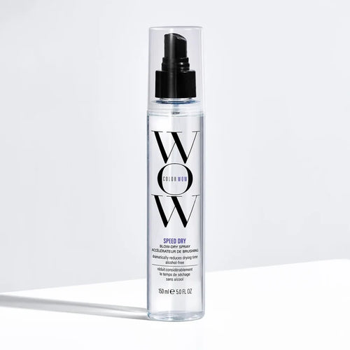A bottle of Color Wow Speed Dry Blow-Dry Spray with a pump dispenser, labeled as 'alcohol-free', 'clinically proven', and 'new technology'.