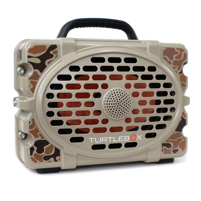 Turtlebox Gen 3 speaker featuring a vintage camo skin with brown, tan, and black patterns on a durable, rugged frame.