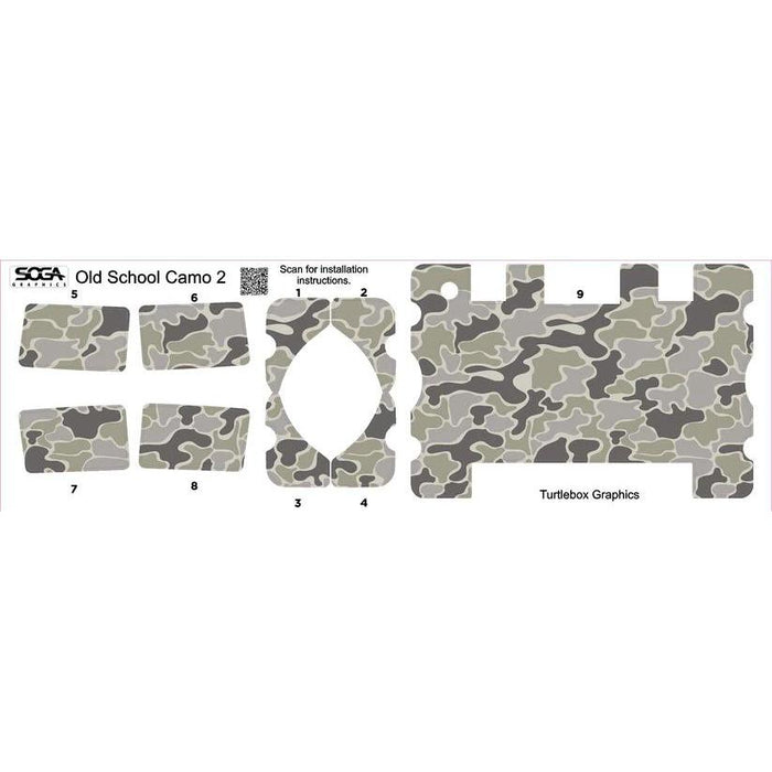 Old School Camo 2 vinyl skin set for Turtlebox speakers with numbered adhesive panels for easy application.