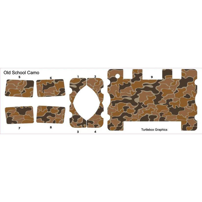 Old School Camo vinyl skin set for Turtlebox speakers featuring brown, tan, and black camouflage patterns.