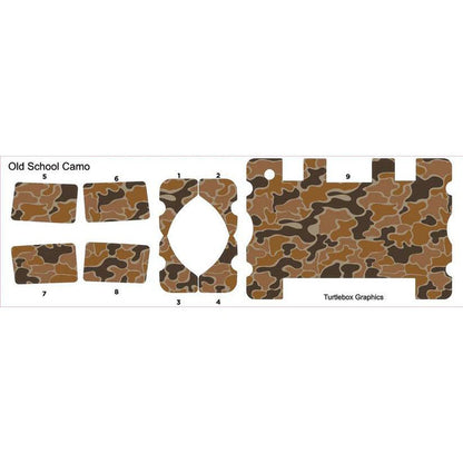 Old School Camo vinyl skin set for Turtlebox speakers featuring brown, tan, and black camouflage patterns.