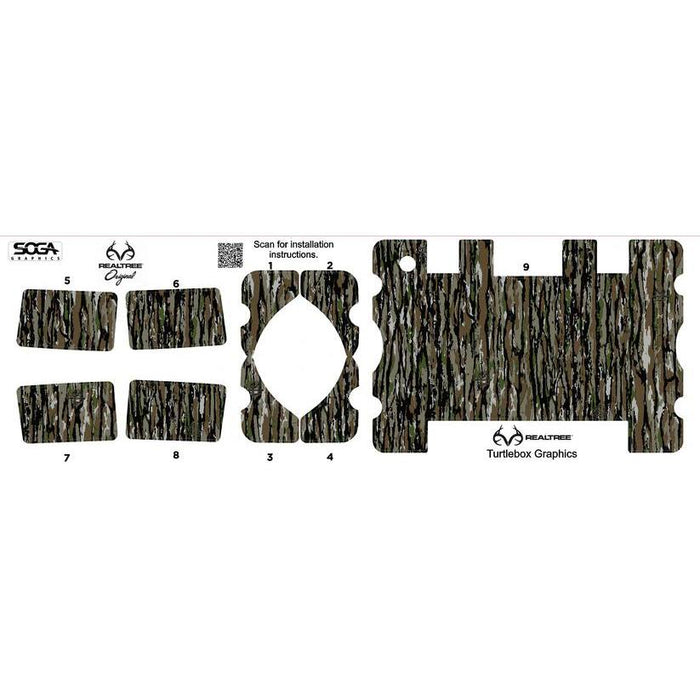 Realtree camouflage adhesive skin set for Turtlebox speakers with numbered pieces for easy installation.