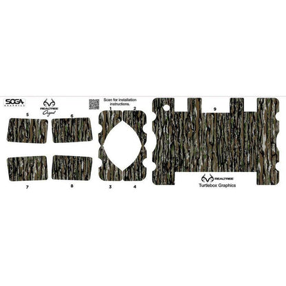 Realtree camouflage adhesive skin set for Turtlebox speakers with numbered pieces for easy installation.