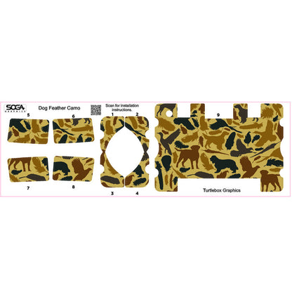 Dog Feather Camo vinyl skin for Turtlebox speakers featuring brown and tan hunting dog and feather patterns on a sheet.