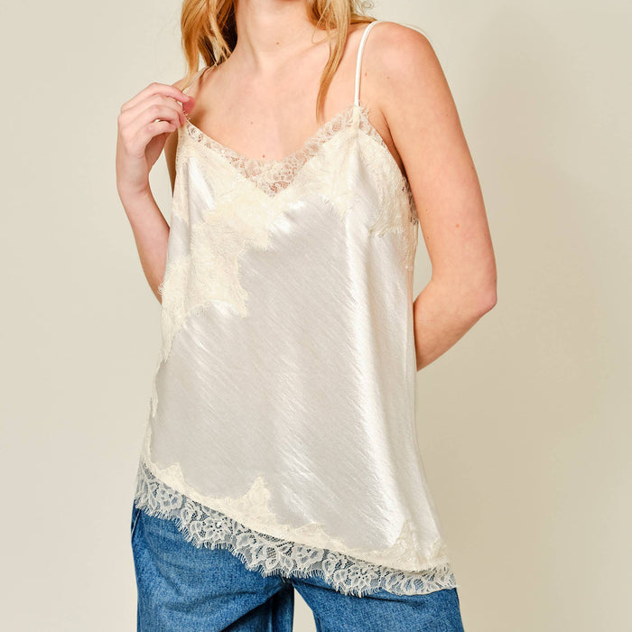 Cut Out Satin Lace Tank Top