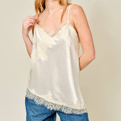 Cut Out Satin Lace Tank Top