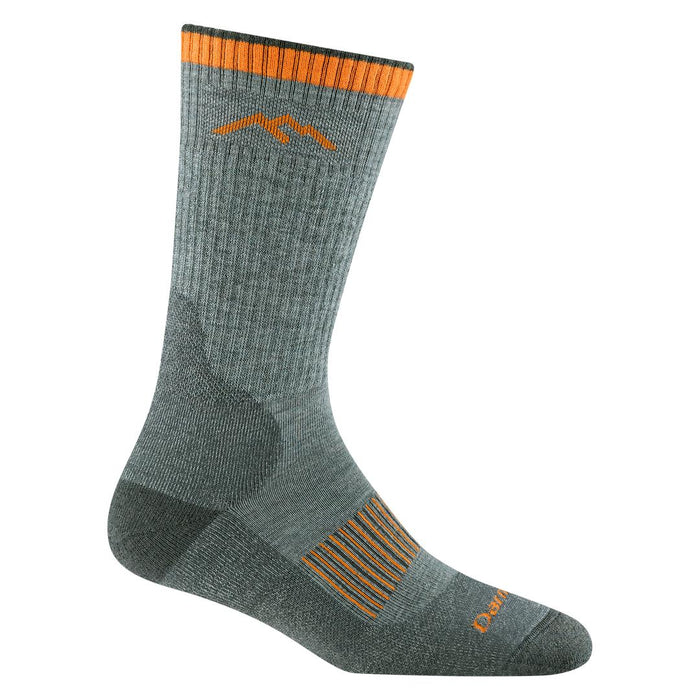 Grey Darn Tough midweight merino wool hunting boot sock with orange trim, mountain logo, and reinforced footbed.