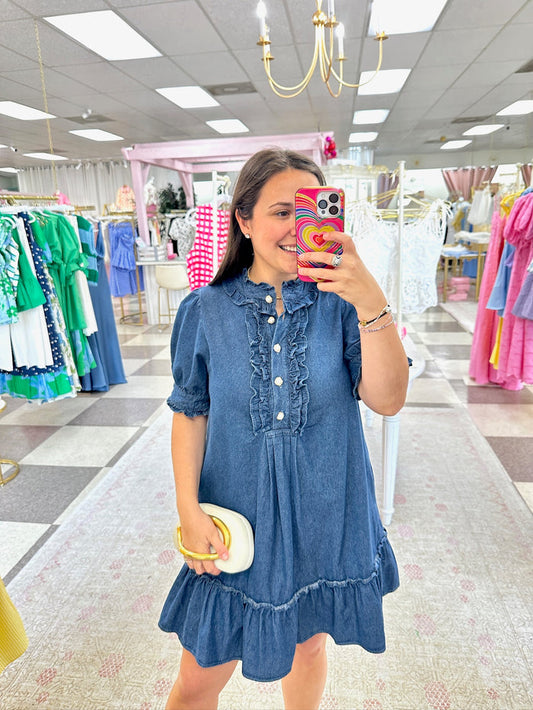 Denim Ruffles and Pearls Dress