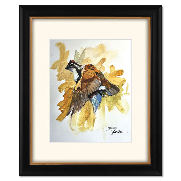 Dirk Walker quail watercolor print in an 11x14 inch black frame with gold trim and cream matting.