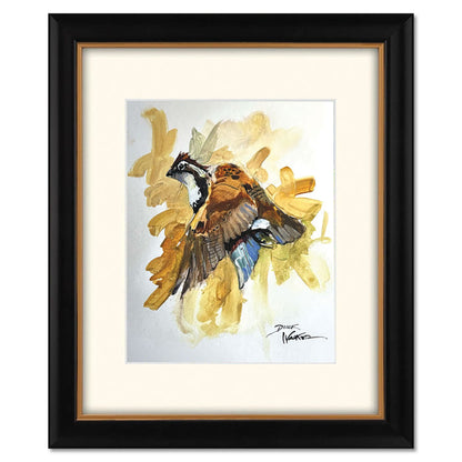 Dirk Walker quail watercolor print in an 11x14 inch black frame with gold trim and cream matting.