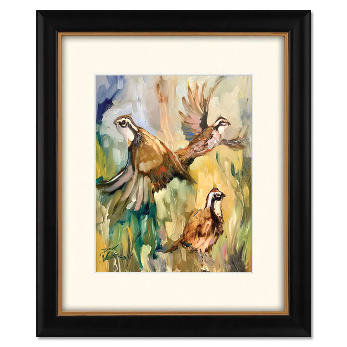 Dirk Walker quail print in an 11x14 black frame with a cream mat, featuring impressionist wildlife art in earthy tones.