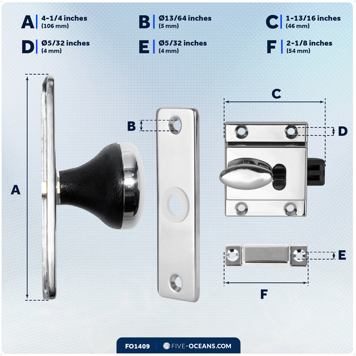 Door Lock Latch, Surface Mount, Chrome Plated Finish - FO1409 - Five Oceans
