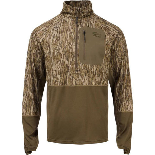 Drake EST Offset 1.0 half-zip pullover in camo and olive green with a zippered chest pocket and long sleeves.