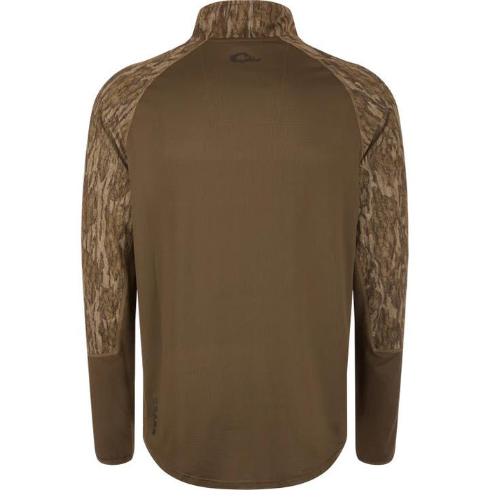 Back view of Drake EST Offset 1.0 half-zip pullover in olive green with camo raglan sleeves and stand-up collar.