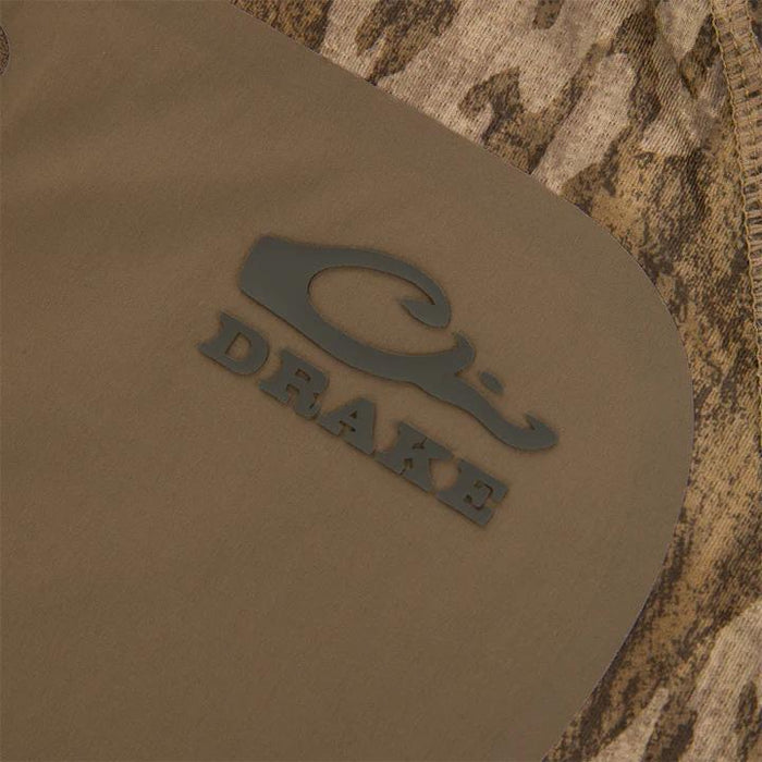 Olive green Drake EST Offset 1.0 pullover featuring a welded chest pocket with a tonal logo and camouflage knit fabric.