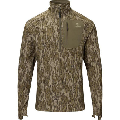 Drake Non-Typical camo half-zip pullover with olive chest pocket and stand-up collar for hunting.