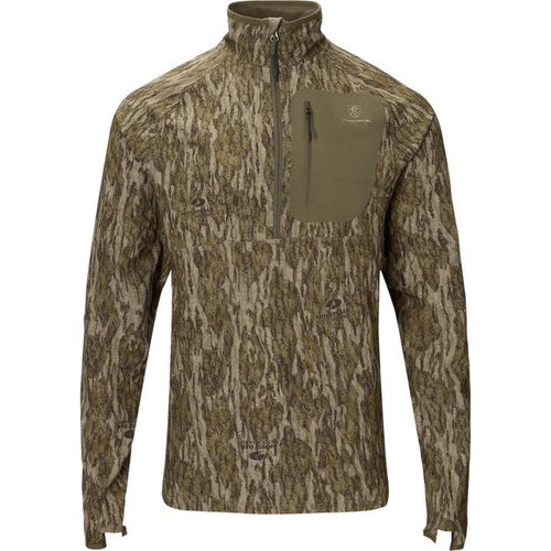 Drake Non-Typical camo half-zip pullover with olive chest pocket and stand-up collar for hunting.