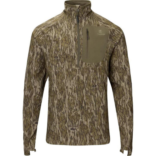 Drake Non-Typical camo half-zip pullover with olive chest pocket and stand-up collar for hunting.