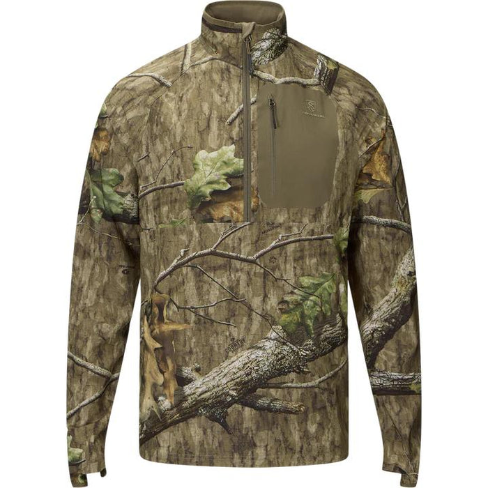 Drake Non-Typical lightweight half-zip hunting pullover in camouflage print with a solid olive chest pocket.