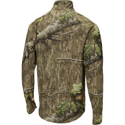 Back view of Drake Non-Typical lightweight half-zip pullover in Mossy Oak camouflage with long sleeves.