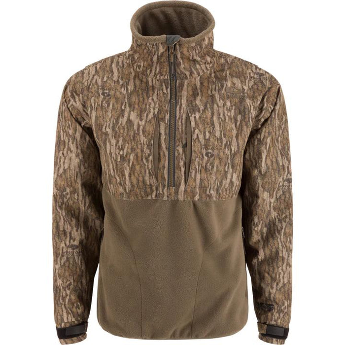 Drake Waterfowl MST Eqwader half-zip jacket in camo and olive fleece with a stand-up collar and zippered chest pockets.
