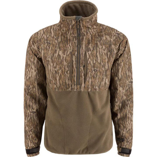 Drake Waterfowl MST Eqwader half-zip jacket in camo and olive fleece with a stand-up collar and zippered chest pockets.