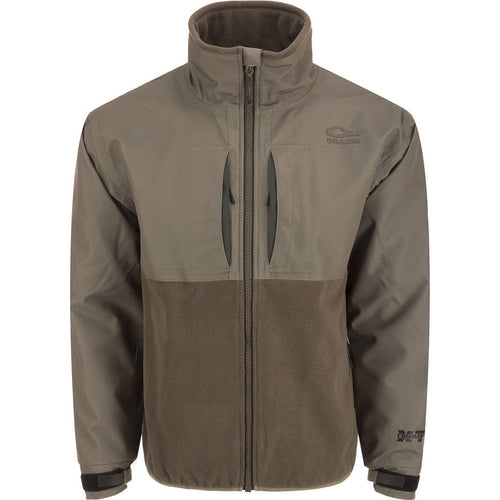 Drake Waterfowl MST CommandXT Eqwader jacket in olive green, featuring a waterproof upper and fleece lower body.