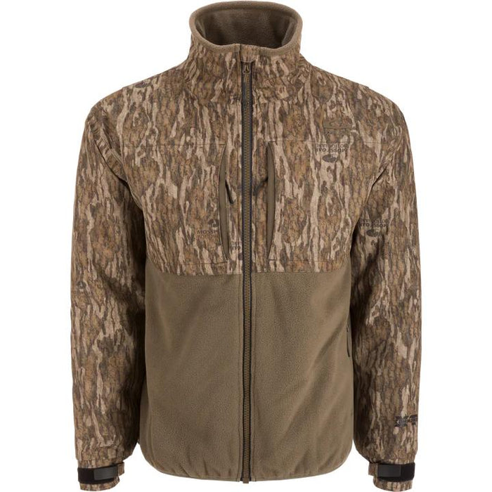 Drake Waterfowl MST CommandXT jacket in camo and olive fleece with chest pockets and adjustable cuffs.