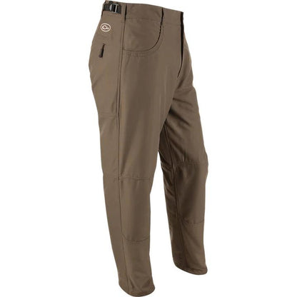 Drake Waterfowl MST brown fleece-lined wader pants with adjustable waist and durable Refuge HS fabric construction.