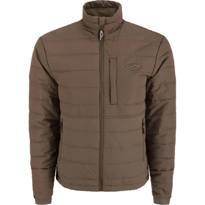 Brown Drake Waterfowl MST synthetic down jacket with horizontal baffles, zippered pockets, and a chest logo.