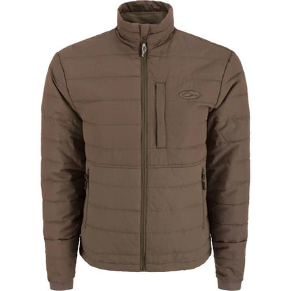 Brown Drake Waterfowl MST synthetic down jacket with horizontal baffles, zippered pockets, and a chest logo.