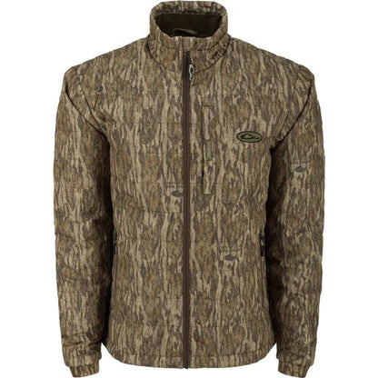 Drake Waterfowl MST synthetic down pack jacket in camouflage print with horizontal baffles and a zippered chest pocket.