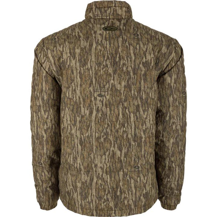 Back view of Drake Waterfowl MST synthetic down jacket in Mossy Oak Bottomland camouflage with horizontal baffles.