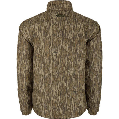 Back view of Drake Waterfowl MST synthetic down jacket in Mossy Oak Bottomland camouflage with horizontal baffles.
