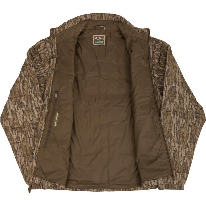 Drake MST synthetic down pack jacket in camouflage print with olive interior lining and packable chest pocket.