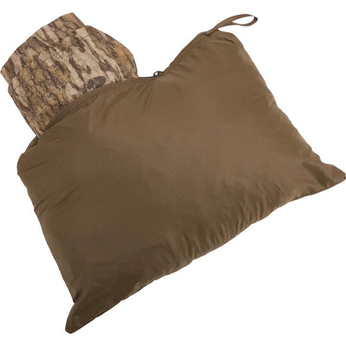Drake Waterfowl MST synthetic down jacket packed into its own brown zippered storage pouch with a carabiner loop.