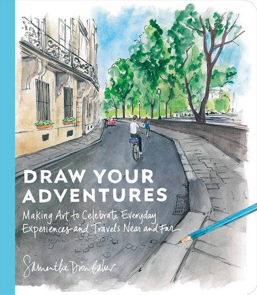 Book cover with illustration of a street scene and bicycles, featuring the text 'Draw Your Adventures' by Shemthe Dvor Edler.