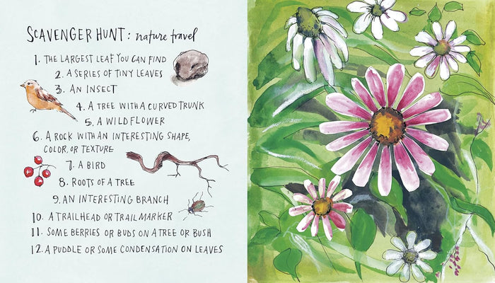 Scavenger hunt list for nature with illustrations of plants and animals on a green background.