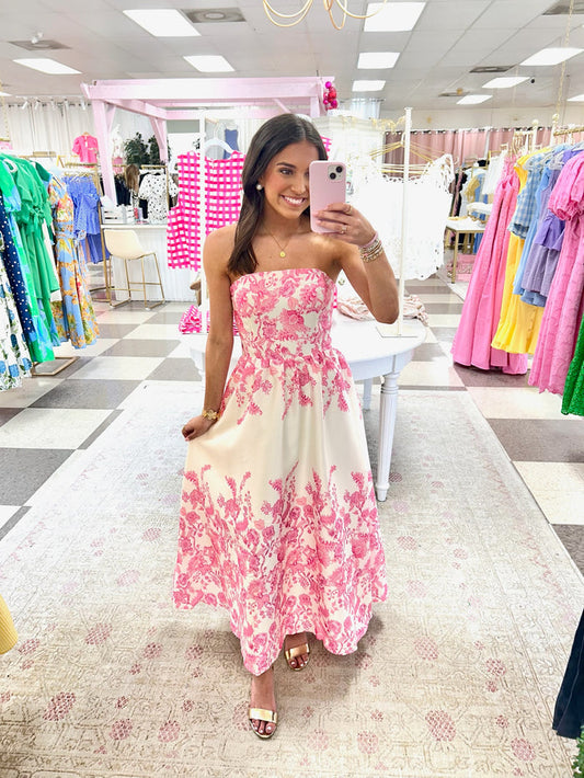 Eden Strapless Pink Floral Midi Dress
